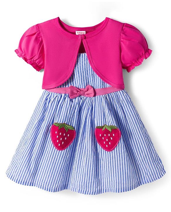 Babyhug Cotton Woven Frock & Half Sleeves Shrug With Strawberry Patch & Bow Applique - White & Dark Pink