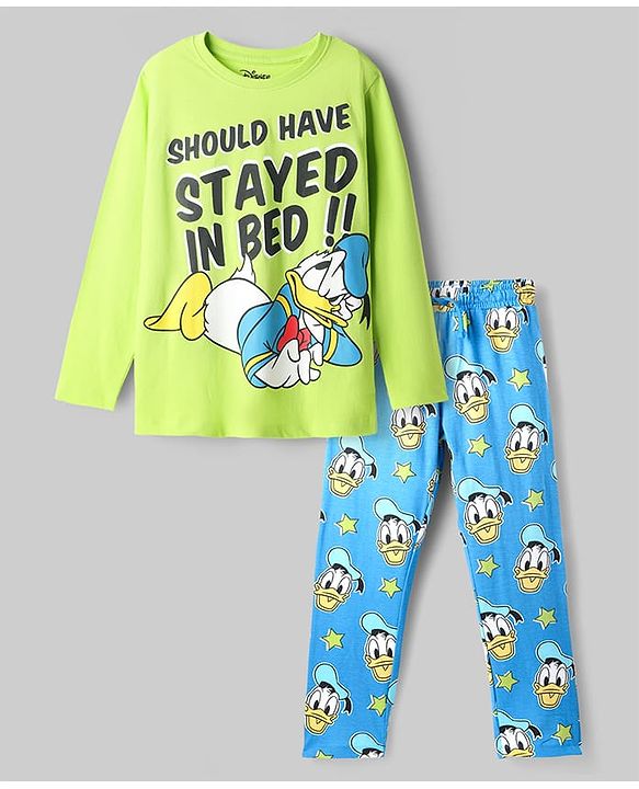 Pine Kids Disney Single Jersey Knit Full Sleeves Night Suit with Mickey Mouse & Friends Graphics - Light Green & Light Blue