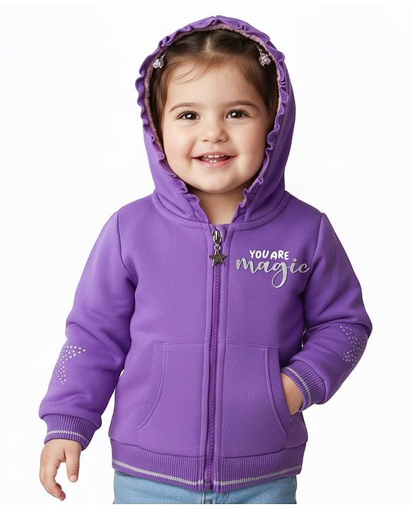 Babyhug Cotton Knit Full Sleeves Hooded Sweatjacket With HD Text Print & Kangaroo Pockets - Purple