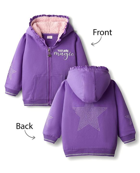 Babyhug Cotton Knit Full Sleeves Hooded Sweatjacket With HD Text Print & Kangaroo Pockets - Purple