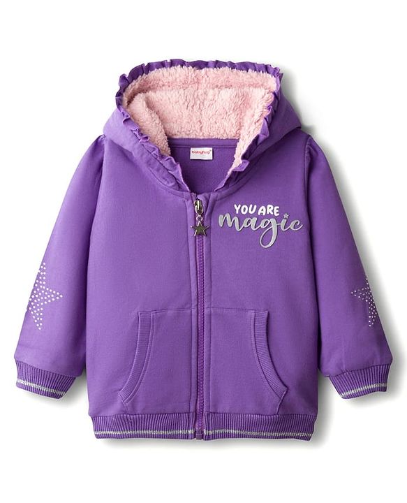 Babyhug Cotton Knit Full Sleeves Hooded Sweatjacket With HD Text Print & Kangaroo Pockets - Purple