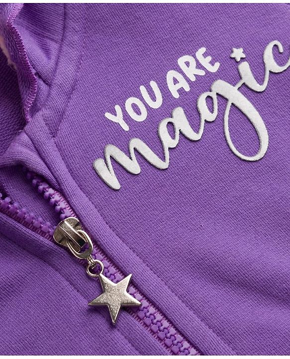 Babyhug Cotton Knit Full Sleeves Hooded Sweatjacket With HD Text Print & Kangaroo Pockets - Purple