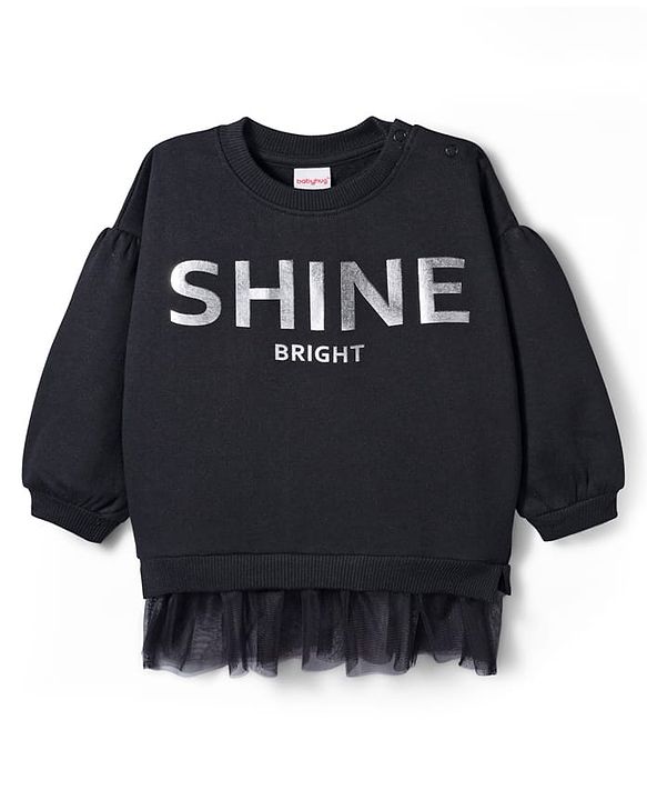 Babyhug Cotton Knit Full Sleeves Sweatshirt with Text Foil Print & Frill Detailing - Black