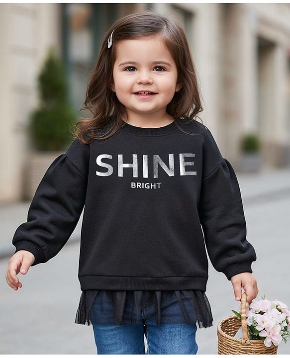 Babyhug Cotton Knit Full Sleeves Sweatshirt with Text Foil Print & Frill Detailing - Black