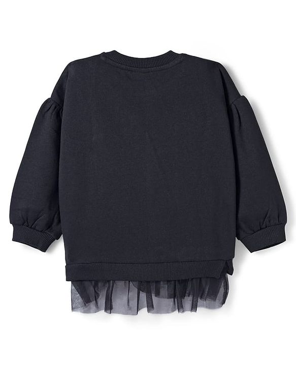 Babyhug Cotton Knit Full Sleeves Sweatshirt with Text Foil Print & Frill Detailing - Black