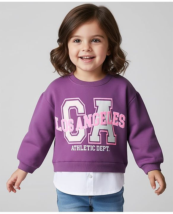 Babyhug Cotton Knit Drop Shoulder Full Sleeves Pullover Sweatshirt with Text Graphics - Purple