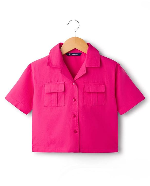 Pine Kids Cotton Sleeves Knit Half Sleeves Solid Color Shirt Style Top and Pant Set with Belt - Dark Pink