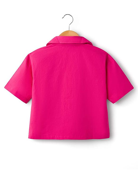 Pine Kids Cotton Sleeves Knit Half Sleeves Solid Color Shirt Style Top and Pant Set with Belt - Dark Pink