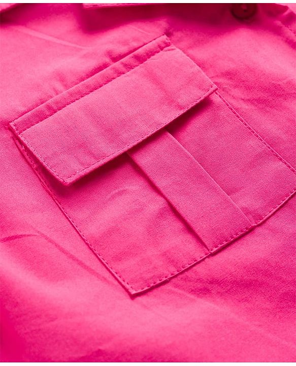 Pine Kids Cotton Sleeves Knit Half Sleeves Solid Color Shirt Style Top and Pant Set with Belt - Dark Pink