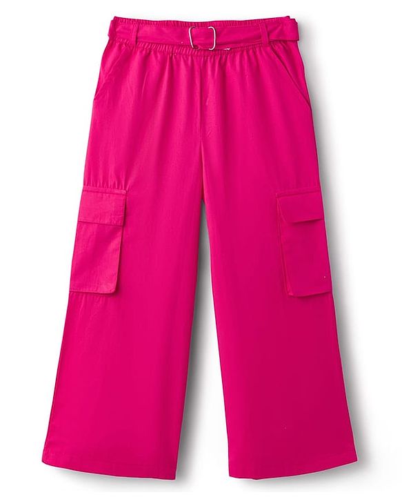 Pine Kids Cotton Sleeves Knit Half Sleeves Solid Color Shirt Style Top and Pant Set with Belt - Dark Pink