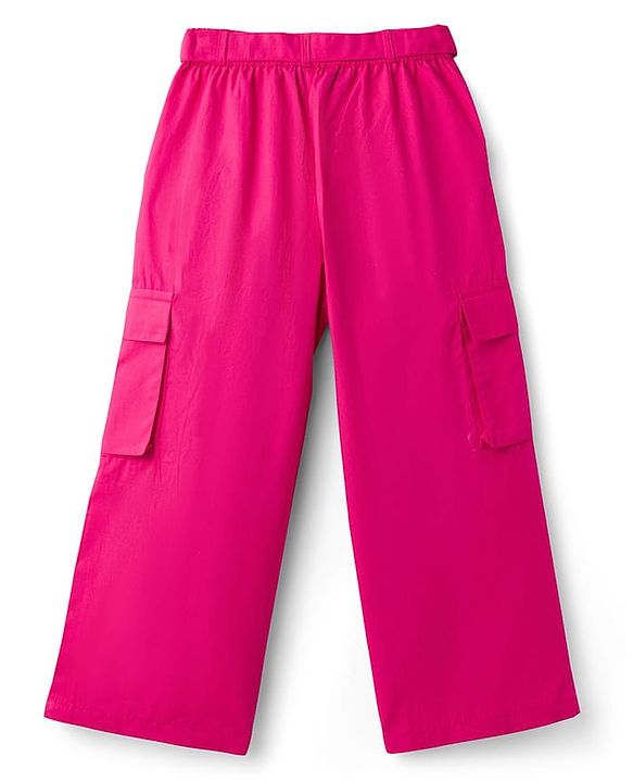 Pine Kids Cotton Sleeves Knit Half Sleeves Solid Color Shirt Style Top and Pant Set with Belt - Dark Pink