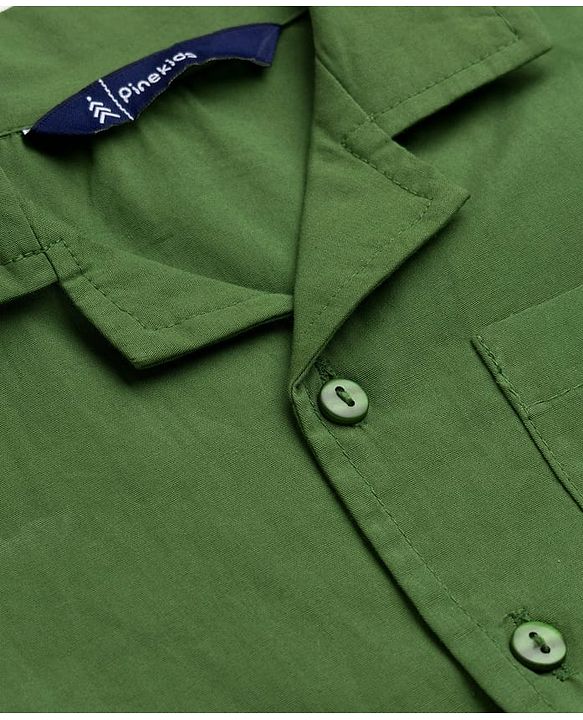 Pine Kids Cotton Woven Half Sleeves Solid Colour Top & Trouser Pant Set - Green