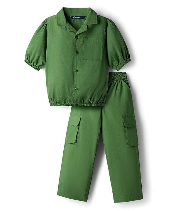 Pine Kids Cotton Woven Half Sleeves Solid Colour Top & Trouser Pant Set - Green