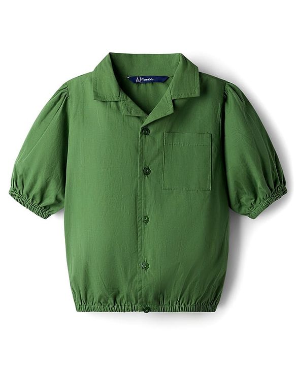 Pine Kids Cotton Woven Half Sleeves Solid Colour Top & Trouser Pant Set - Green