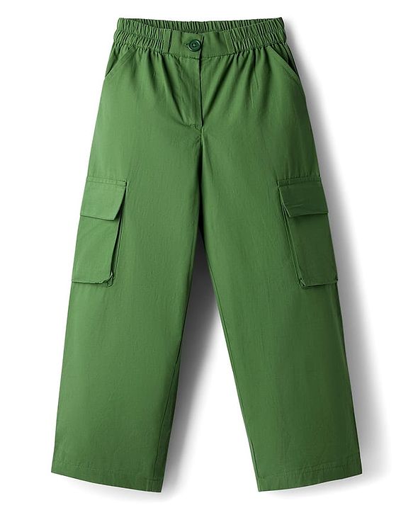 Pine Kids Cotton Woven Half Sleeves Solid Colour Top & Trouser Pant Set - Green