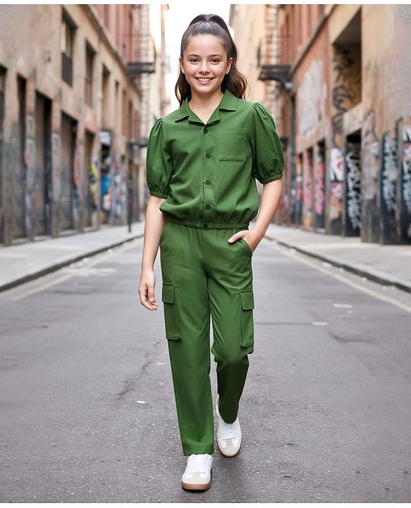 Pine Kids Cotton Woven Half Sleeves Solid Colour Top & Trouser Pant Set - Green