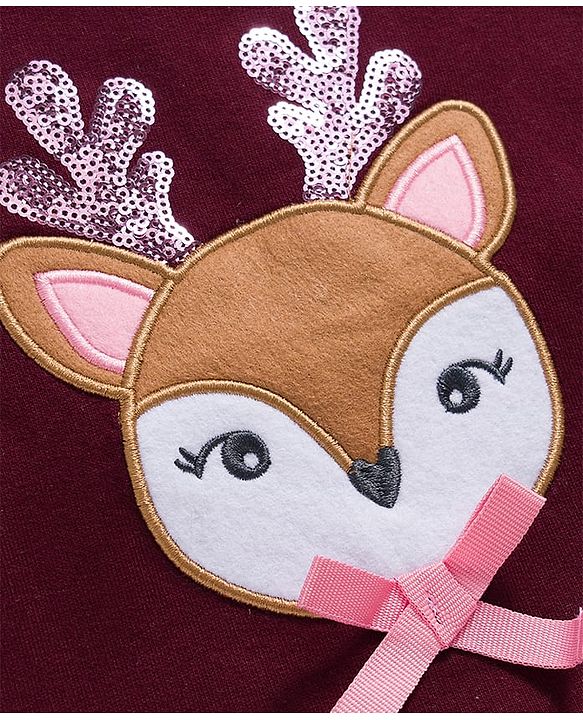 Babyhug Cotton Knit Full Sleeves Sweatshirt With Animal Embroidery & Sequin Detailing - Wine