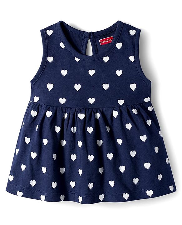 Babyhug Single Jersey Sleeveless Frock with Heart Print - Navy
