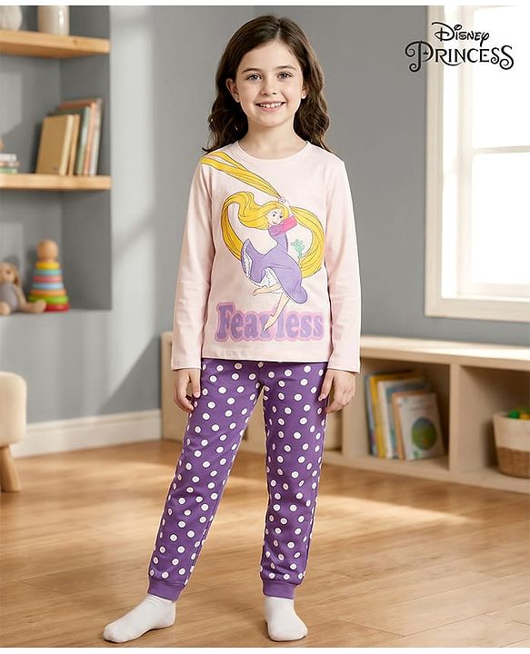 Pine Kids Disney Single Jersey Knit Full Sleeves Night Suit with Disney Princess Rapunzel Graphics - Lavender & White
