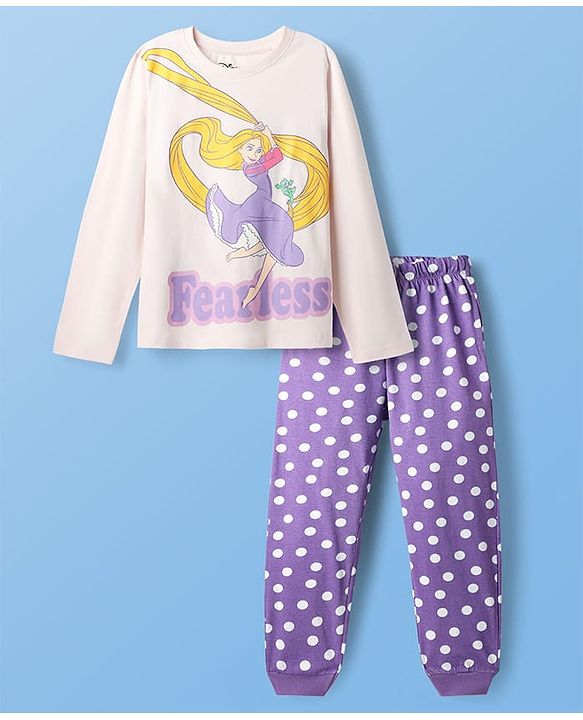 Pine Kids Disney Single Jersey Knit Full Sleeves Night Suit with Disney Princess Rapunzel Graphics - Lavender & White
