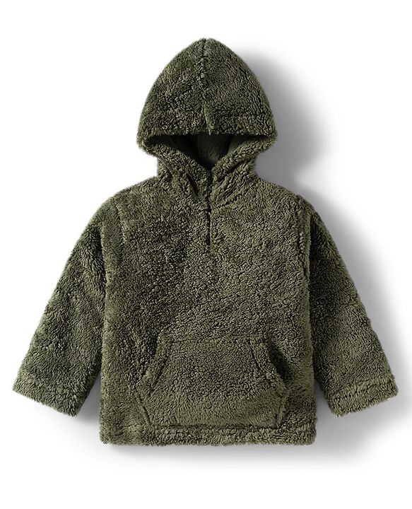 Babyhug Knit Full Sleeves Solid Color Hooded Fur Sweatshirt with Kangaroo Pocket - Beige
