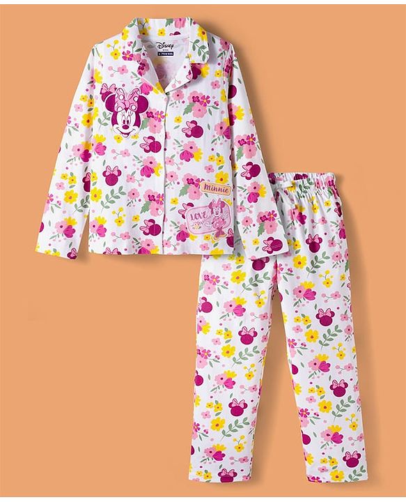 Pine Kids Disney Single Jersey Knit Full Sleeves Co-ords Night Suit With Minnie Mouse Print - White