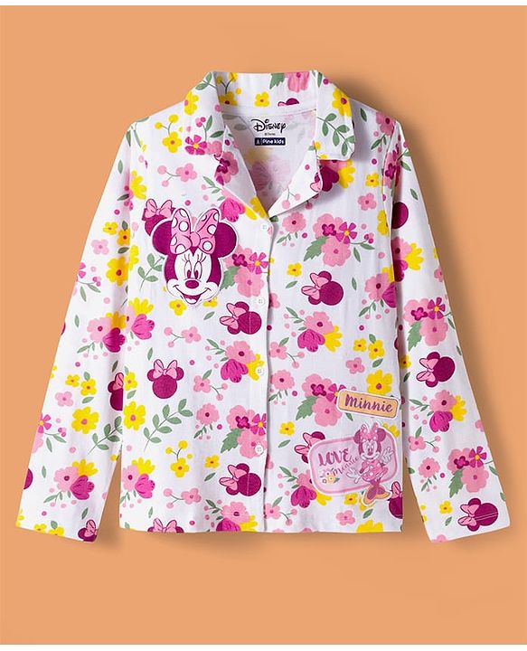 Pine Kids Disney Single Jersey Knit Full Sleeves Co-ords Night Suit With Minnie Mouse Print - White