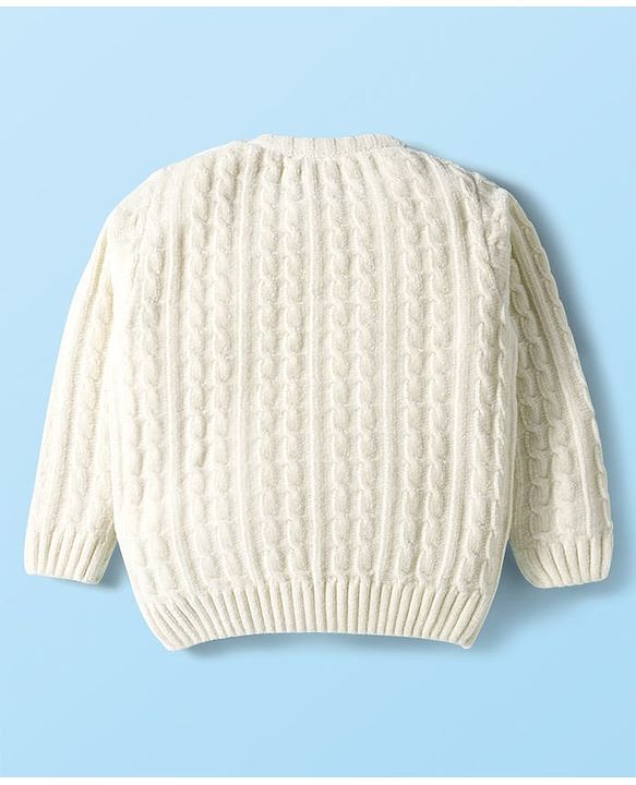 Babyhug Knitted Full Sleeves Soft Chenille Yarn Pullover Sweater With Bow Applique - White