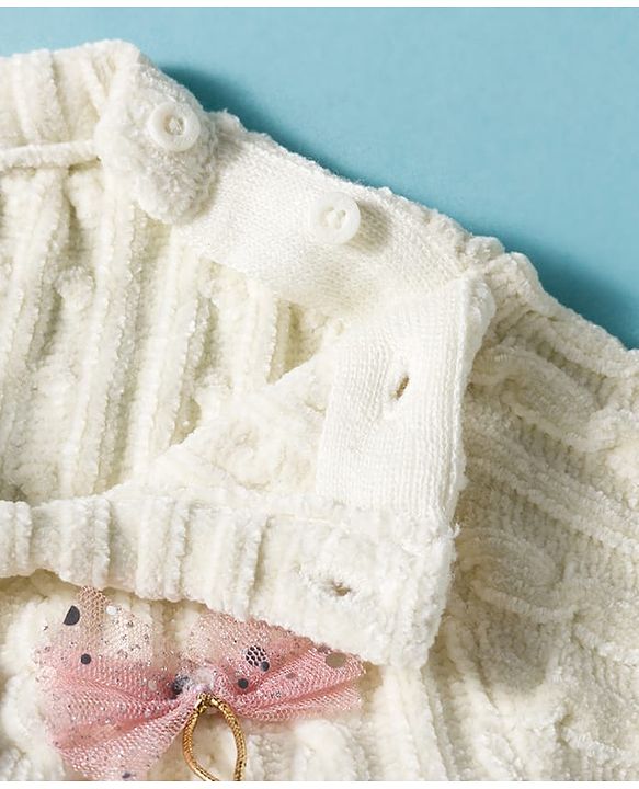 Babyhug Knitted Full Sleeves Soft Chenille Yarn Pullover Sweater With Bow Applique - White