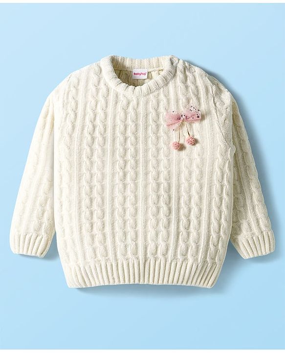 Babyhug Knitted Full Sleeves Soft Chenille Yarn Pullover Sweater With Bow Applique - White
