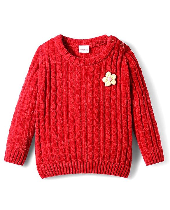 Babyhug Knit Full Sleeves Pullover Sweater With Floral Applique - Red