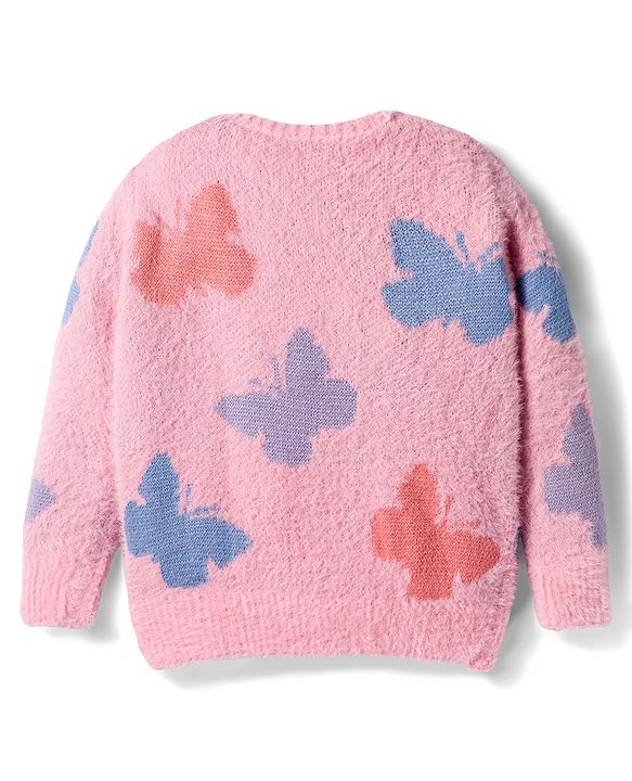 Babyhug Knit Full Sleeves Pullover Sweater with Butterfly Design - Pink