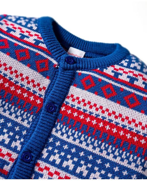 Babyhug Knitted Full Sleeves Front Open Sweater Set With Geometric Design - Blue