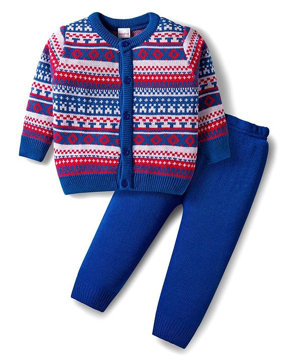 Babyhug Knitted Full Sleeves Front Open Sweater Set With Geometric Design - Blue