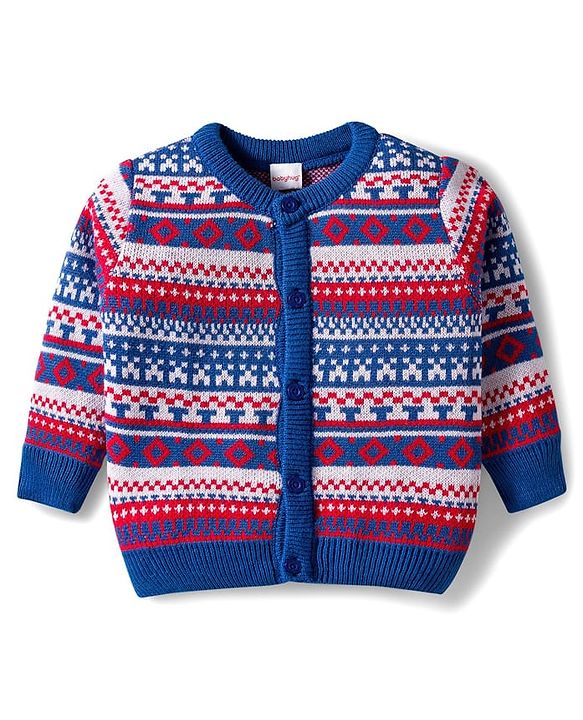 Babyhug Knitted Full Sleeves Front Open Sweater Set With Geometric Design - Blue
