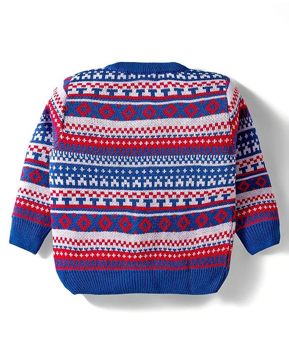 Babyhug Knitted Full Sleeves Front Open Sweater Set With Geometric Design - Blue