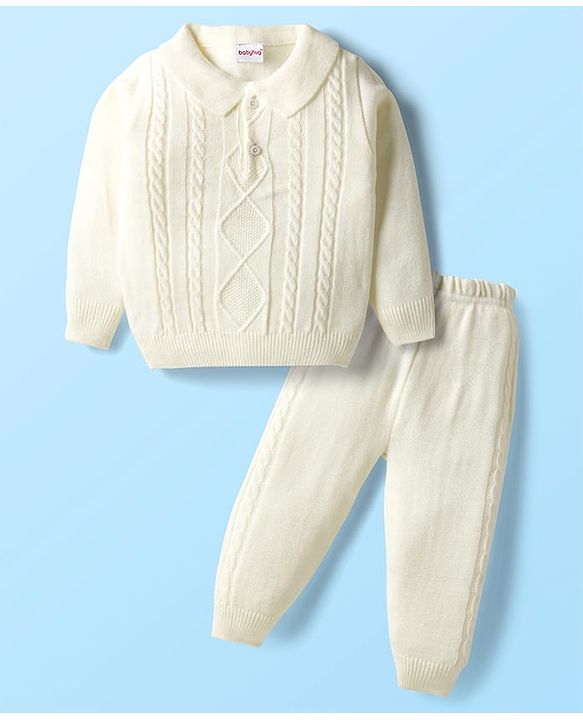 Babyhug Knit Full Sleeves Solid Coloured Sweater Set With Cable Knit Design - White
