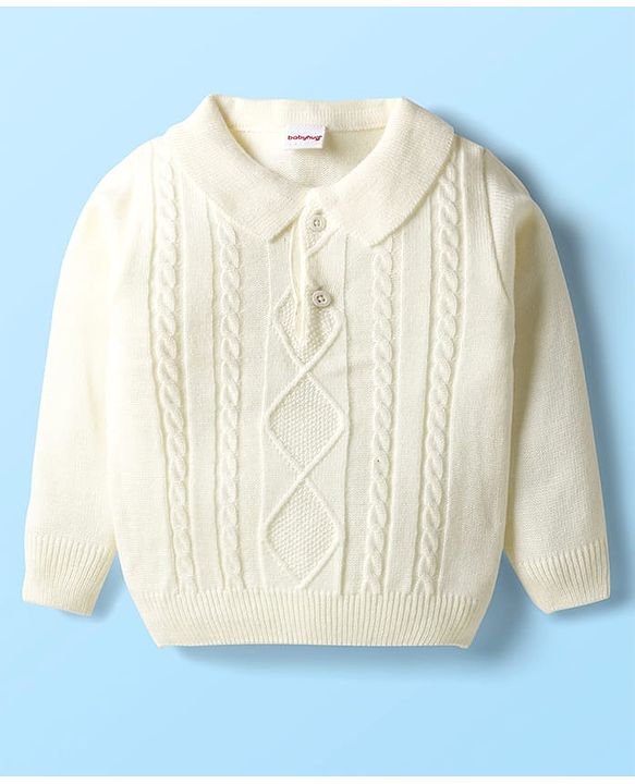 Babyhug Knit Full Sleeves Solid Coloured Sweater Set With Cable Knit Design - White