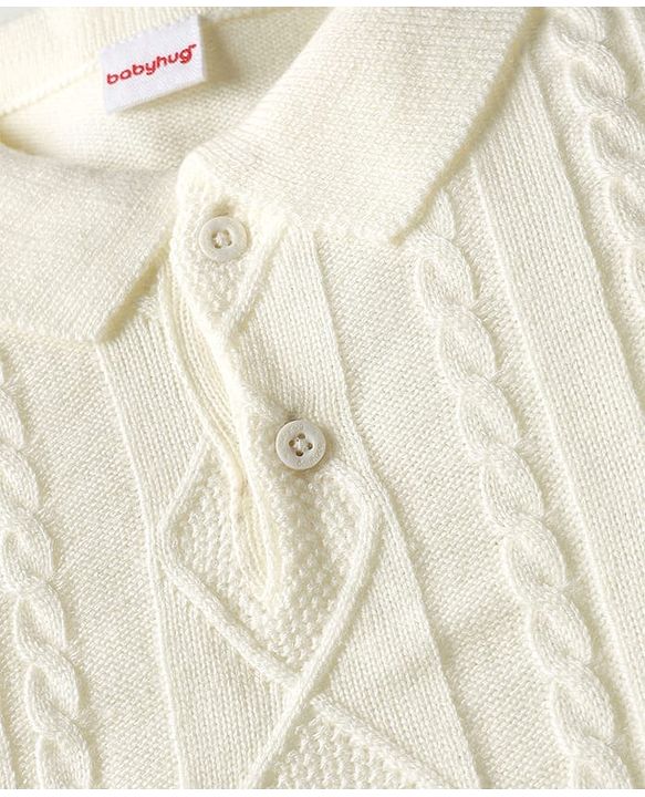 Babyhug Knit Full Sleeves Solid Coloured Sweater Set With Cable Knit Design - White