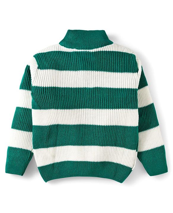 Babyhug Knit Full Sleeves High Neck Collar Sweater Set with Stripes & Patch Detailing - Green