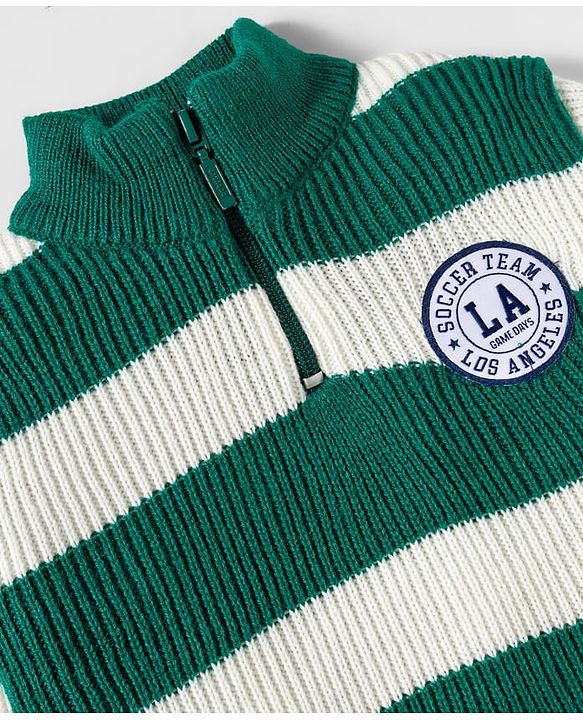 Babyhug Knit Full Sleeves High Neck Collar Sweater Set with Stripes & Patch Detailing - Green