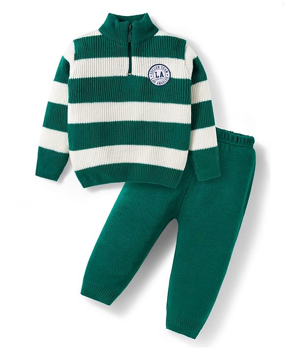 Babyhug Knit Full Sleeves High Neck Collar Sweater Set with Stripes & Patch Detailing - Green