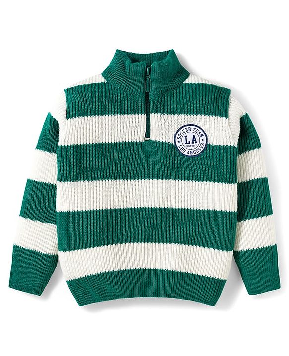 Babyhug Knit Full Sleeves High Neck Collar Sweater Set with Stripes & Patch Detailing - Green