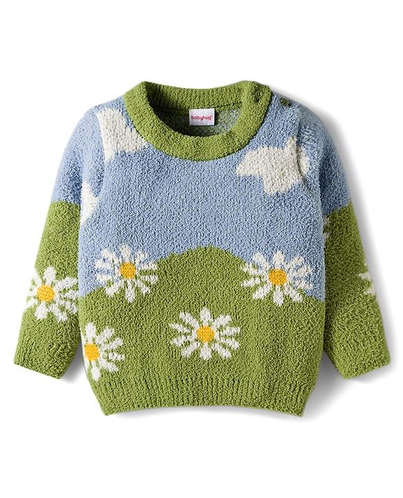 Babyhug Knit Full Sleeves Sweater Set With Floral Print - Green