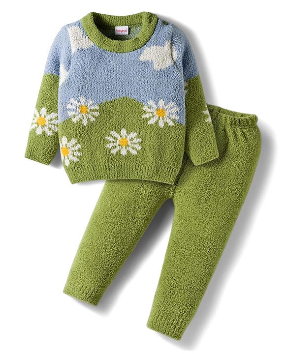 Babyhug Knit Full Sleeves Sweater Set With Floral Print - Green