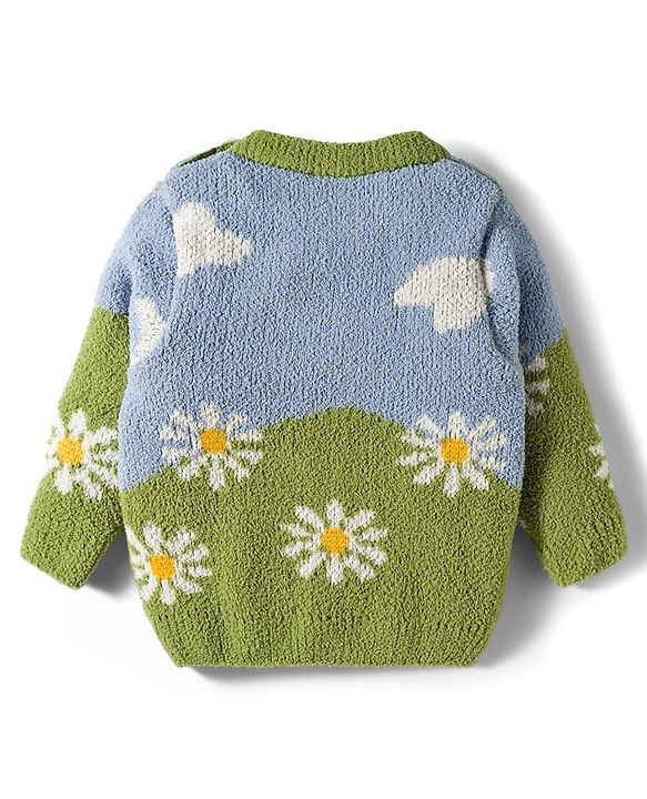 Babyhug Knit Full Sleeves Sweater Set With Floral Print - Green