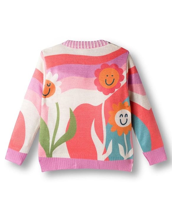 Babyhug Knitted Full Sleeves Pullover Sweater With Floral Design - Multicolor