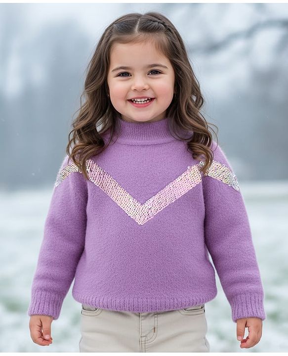 Babyhug Knit Full Sleeves Extra Soft Hairy Eyelash Yarn Pullover Sweater With Sequin Detailing - Lavender