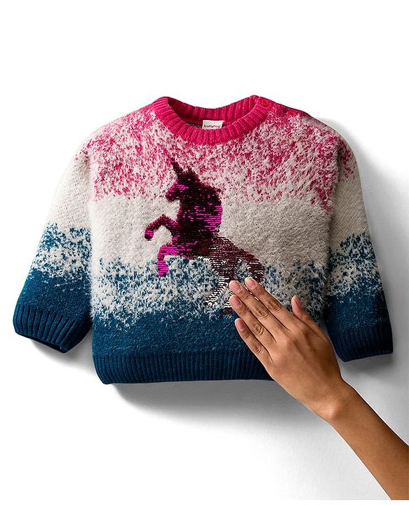 Babyhug Knit Full Sleeves Pullover Sweater with Reversible Unicorn Sequin Design - Multicolor