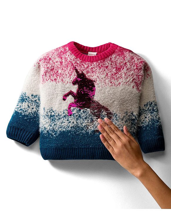 Babyhug Knit Full Sleeves Pullover Sweater with Reversible Unicorn Sequin Design - Multicolor